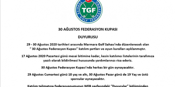 30 AĞUSTOS FEDERASYON KUPASI KATILIM TALİMATI DUYURUSU