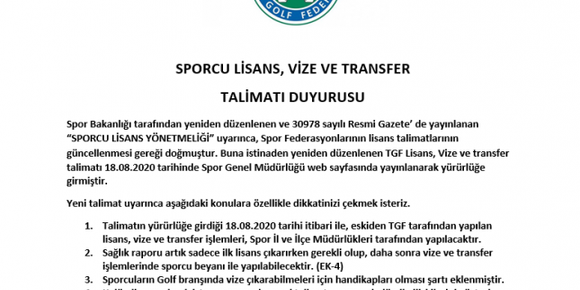 SPORCU LİSANS, VİZE VE TRANSFER TALİMATI DUYURUSU