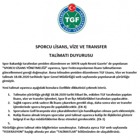 SPORCU LİSANS, VİZE VE TRANSFER TALİMATI DUYURUSU