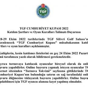 TGF CUMHURİYET KUPASI 2022 / Katılım Şartları ve Oyun Kuralları Talimatı Duyurusu