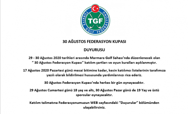 30 AĞUSTOS FEDERASYON KUPASI KATILIM TALİMATI DUYURUSU