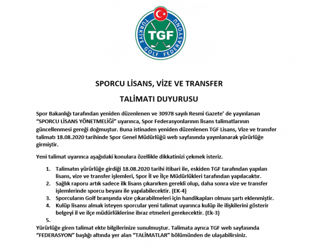 SPORCU LİSANS, VİZE VE TRANSFER TALİMATI DUYURUSU